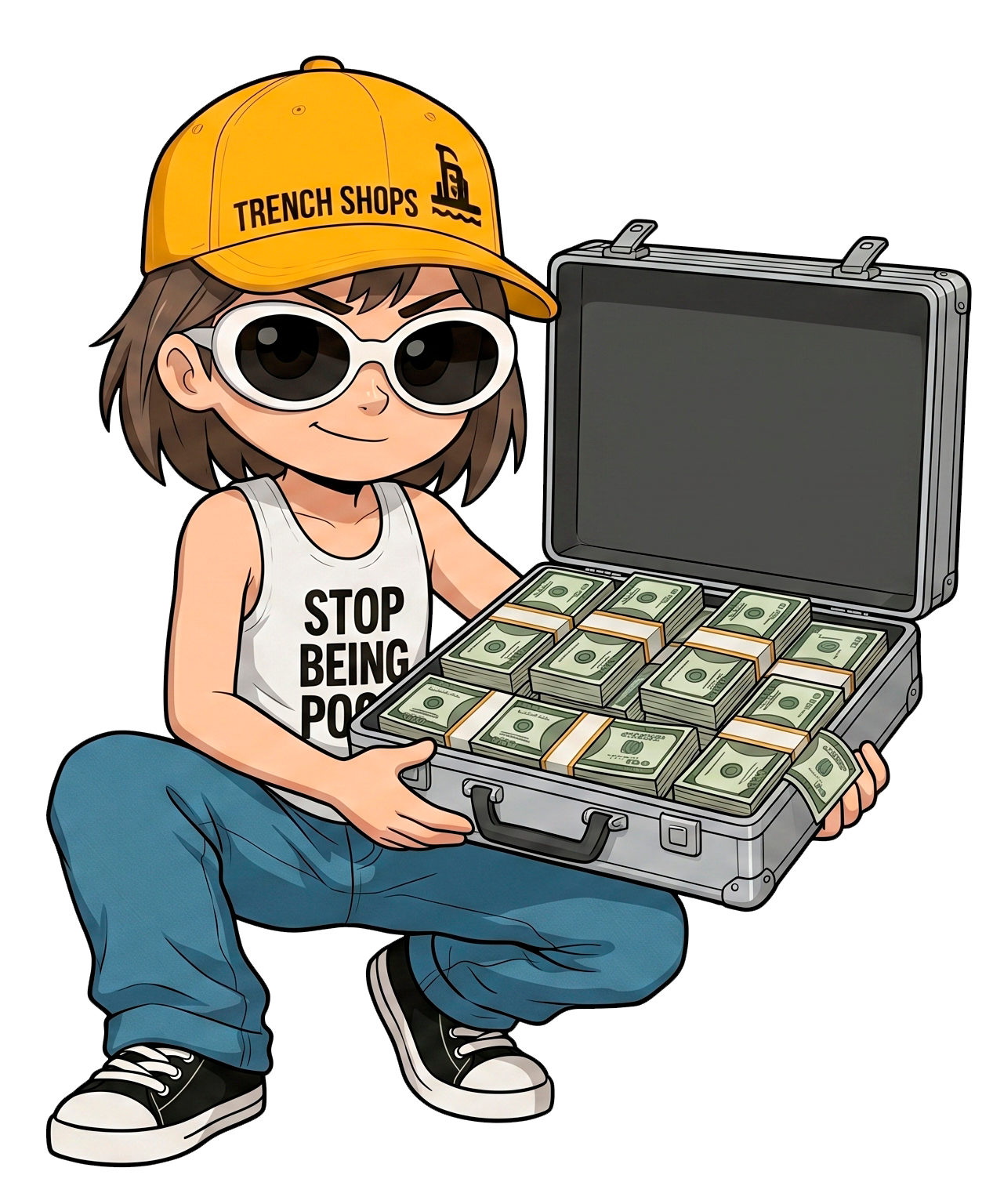 Stop Being Poor kid holding a briefcase full of cash