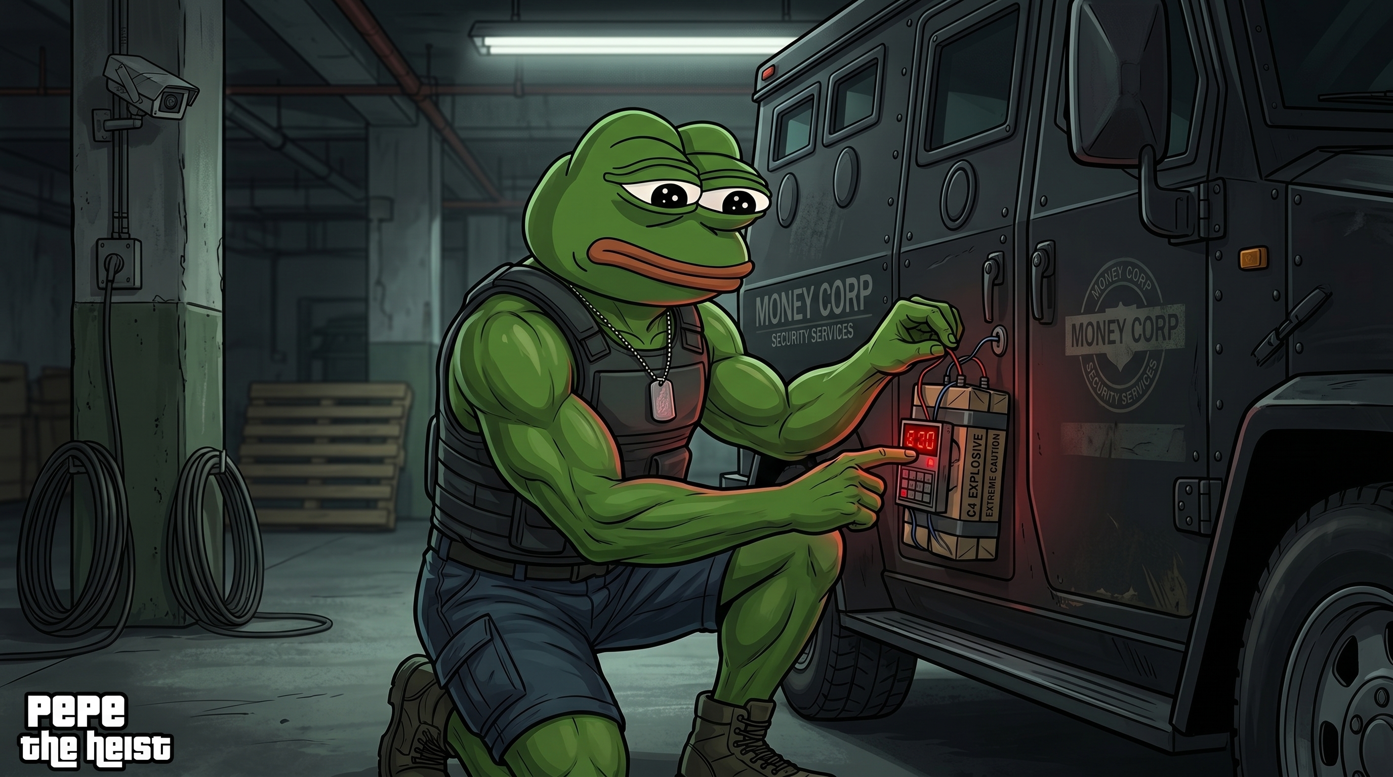 Pepe the Heist cracking the Money Corp armored truck